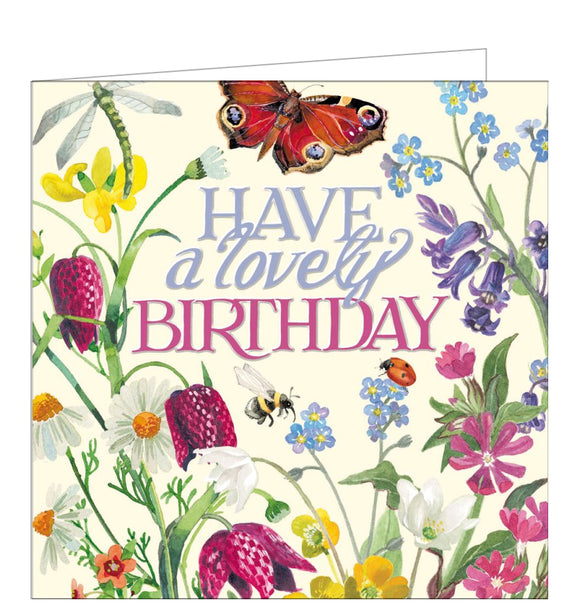 This elegant birthday card is decorated in Emma Bridgewater's inimitable style, with a beautiful display of wild flowers, and insects. Blue and pink text reads 