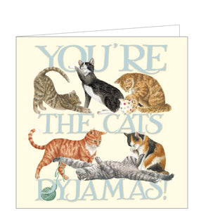 This blank greetings card by Emma Bridgewater features a beautiful illustration of playful cats of all colours against her signature creamy background. Large text in blue reads "You're the Cats Pyjamas"