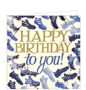 This beautiful birthday card is decorated in Emma Bridgewater's inimitable style with blue stamp-print football boots and gold laces. Embossed blue and gold text on the card reads "Happy Birthday to you!"