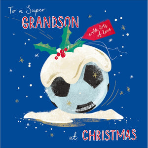 This christmas card for a special grandson is decorated with a football covered in snow and with a sprig of holly on the top. The caption on the front of this christmas card reads "To a Super Grandson at Christmas".