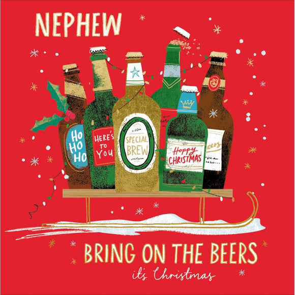 This Christmas card for a special nephew is decorated with bottles of beer arranged on a sledge. The caption on the front of this Christmas card reads 