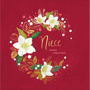 This elegant Christmas card for a special niece is decorated with a wreath of gold foliage, white flowers and red berries. Gold and white text on the front of the card reads "Niece....Merry Christmas".