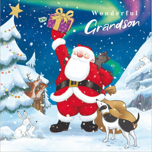 This christmas card for a special grandson features Raymond Briggs' Father Christmas at the North Pole - with the northern lights in the background.&nbsp;The caption on the front of the card reads "Wonderful Grandson".