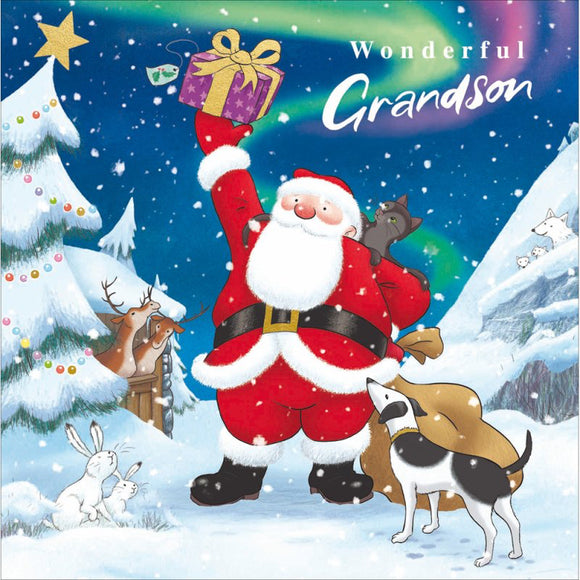 This christmas card for a special grandson features Raymond Briggs' Father Christmas at the North Pole - with the northern lights in the background. The caption on the front of the card reads 