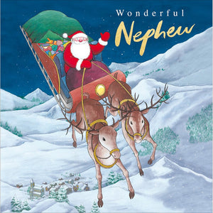 This lovely Christmas card for a special nephew features a wonderful illustration of Father Christmas riding in his sleigh, pulled by reindeer, through a snowy Christmas eve sky. Gold and white text on the front of the card reads "Wonderful Nephew".