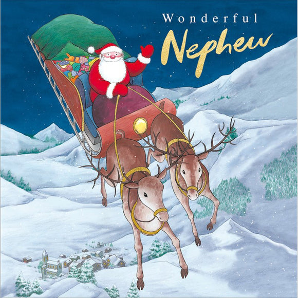 This lovely Christmas card for a special nephew features a wonderful illustration of Father Christmas riding in his sleigh, pulled by reindeer, through a snowy Christmas eve sky. Gold and white text on the front of the card reads 