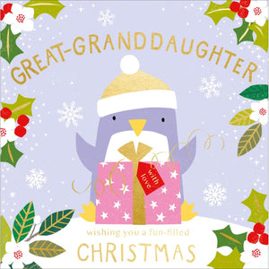 This adorable Christmas card for a special great grand daughter is decorated with a cute purple penguin - dressed in a golden bobble hat - about to unwrap her christmas present. The caption on the front of this Christmas card reads "Great-Granddaughter...wishing you a fun-filled Christmas".