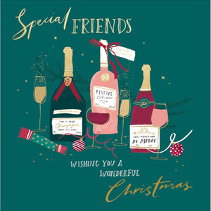 This Christmas card for special friends is decorated with an illustration of bottles and glasses of wine and champagne. The caption on the front of this Christmas card reads "Special Friends...wishing you a wonderful Christmas".