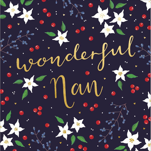 This elegant Christmas card for a special nan is decorated a scattering of white flowers, red berries and foliage. Gold text on the front of the card reads 