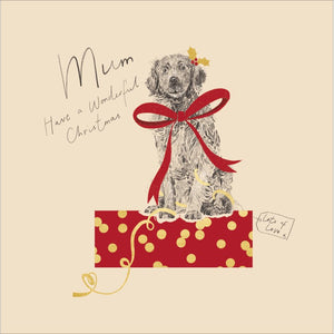 This Christmas card for a special mum is decorated with a sketch of a cute dog - with a big red bow tied around it, and a sprig of holly over it's ear. The caption on the front of this Christmas card reads "Mum...Have a wonderful Christmas!"