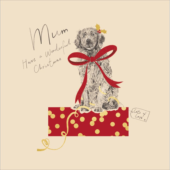 This Christmas card for a special mum is decorated with a sketch of a cute dog - with a big red bow tied around it, and a sprig of holly over it's ear. The caption on the front of this Christmas card reads 