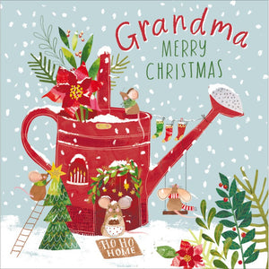 This lovely Christmas card for a special grandma is decorated with a very cute scene of a bright red watering can that has been turned into a cosy home by a little mouse.&nbsp;The caption on the front of the card reads "Grandma...Merry Christmas".