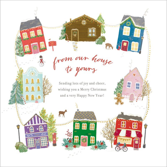 Perfect for sending festive wishes to family and friends, this Christmas card is decorated with a variety of brightly coloured houses and shops - all linked together by fairy lights. The caption on the front of this Christmas card reads 