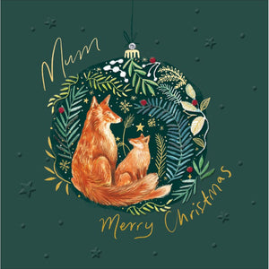 This exquisite Christmas card for a special mum is decorated with an illustration of a fox and cub surrounded by foliage and berries. The caption on the front of this Christmas card reads "Mum...Merry Christmas".

This card is embellished with silver gems.