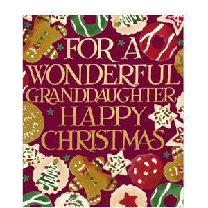 This beautiful Christmas card for a special granddaughter is decorated in Emma Bridgewater's inimitable style, with festive cookies and gingerbread men surrounding embossed gold text that reads "For a Wonderful Granddaughter Happy Christmas".