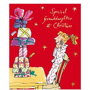 This Christmas card for a special granddaughter is decorated with an illustration by Quentin Blake showing a girl sitting at her table in her pyjamas, looking at a giant stack of Christmas presents. The caption on the front of the card reads "Special Granddaughter at Christmas".

Fantastic and bright Christmas card featuring the artwork of Quentin Blake. Blake's illustrations are instantly recognisable and loved by all due to his long association with the stories of Roald Dahl.&nbsp;