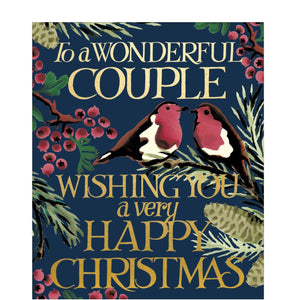 This beautiful Christmas card for a special couple is decorated in Emma Bridgewater's inimitable style, with a lovely pair of robins perched on branches of festive foliage. Gold text on the front of the card reads "To a Wonderful Couple, wishing you a very Happy Christmas".