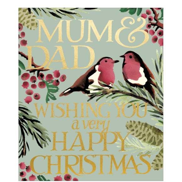 This beautiful Christmas card for a special mum and dad is decorated in Emma Bridgewater's inimitable style, with a pair of robins perched on a holly branch. Embossed gold text on the front of the card reads 