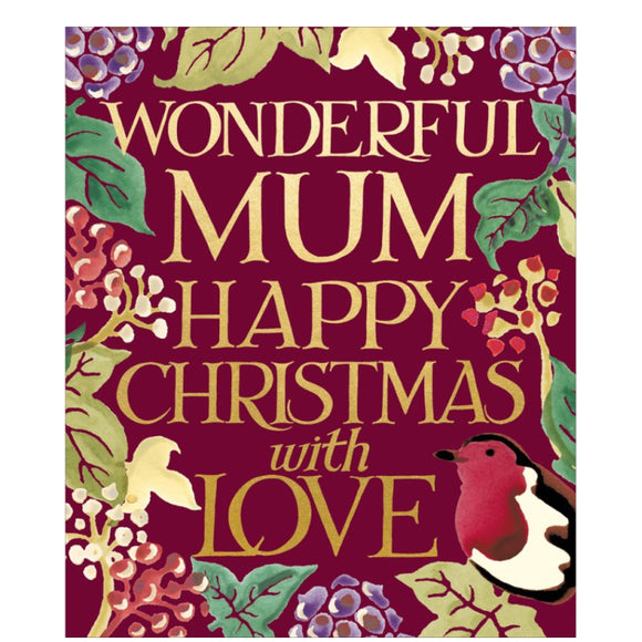 This beautiful Christmas card for a special mum is decorated in Emma Bridgewater's inimitable style, with berries, birds and leaves surrounding embossed gold text that reads 