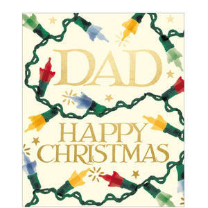 This elegant Christmas card is decorated in Emma Bridgewater's inimitable style, with gold text that reads "Dad...Happy Christmas" and surrounded by brightly coloured fairylights.