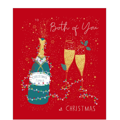 This festive Christmas card features a bottle of Christmas tipple and two glasses, surrounded by twinkling lights on a red background. The caption on the front of this card reads 