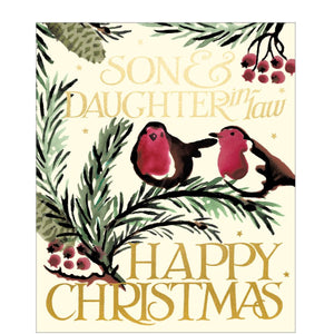 This&nbsp;elegant&nbsp;Christmas card is decorated in Emma Bridgewater's inimitable&nbsp;style, with a pair of robins perched on branches blooming with red berries. Gold text on the front of the card reads "Son &amp; Daughter-in-Law Happy Christmas".