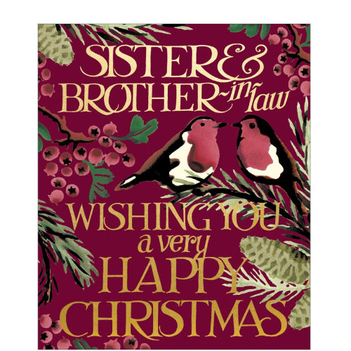 This elegant Christmas card is decorated in Emma Bridgewater's inimitable style, with a pair of robins perched on branches blooming with red berries. Gold text on the front of the card reads 