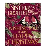 This elegant Christmas card is decorated in Emma Bridgewater's inimitable style, with a pair of robins perched on branches blooming with red berries. Gold text on the front of the card reads "Sister &amp; Brother in Law wishing you a very&nbsp;Happy Christmas".

Emma Bridgewater's range of greetings cards has been created together Woodmansterne cards. A perfect pairing of companies with quality at their heart. Each Emma Bridgewater card is printed in the UK on paper from responsible sources