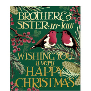 This&nbsp;elegant&nbsp;Christmas card is decorated in Emma Bridgewater's inimitable&nbsp;style, with a pair of robins perched on branches blooming with red berries. Gold text on the front of the card reads "Brother &amp; Sister-in-Law, wishing you a very Happy Christmas".