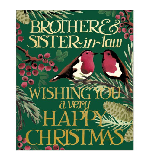 This elegant Christmas card is decorated in Emma Bridgewater's inimitable style, with a pair of robins perched on branches blooming with red berries. Gold text on the front of the card reads 