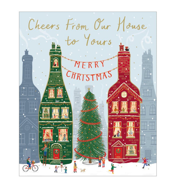 Make spirits bright with this Christmas card. Two bottle-shaped houses, one red and one green, bring holiday cheer. People out in a snowy town scene add a festive touch to this unique design. Share the joy of the season with this fun and festive card.

The caption on the front of this Christmas card reads 