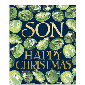 This fun Christmas card is decorated in Emma Bridgewater's inimitable style, with repeated images of Brussel sprouts and gold text that reads "Son...Happy Christmas".