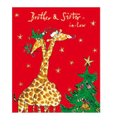 This cute Christmas card for a special brother and sister in law is decorated with a Quentin Blake illustration showing a pair of giraffes hugging!&nbsp;The caption on the front of this christmas card reads "Brother &amp; Sister-in-Law".

Fantastic, bright and witty&nbsp;christmas card featuring the artwork of Quentin Blake. Blake's illustrations are instantly recognisable and loved by all due to his long association with the&nbsp;stories of Roald Dahl.&nbsp;