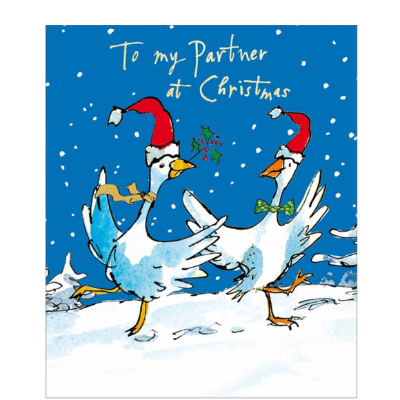 This Christmas card for a special partner is decorated with a fun Quentin Blake illustration showing pair of geese in Santa hats dancing in the snow. The caption on the front of this Christmas card reads 