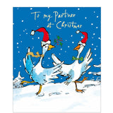 This Christmas card for a special partner&nbsp;is decorated with a fun Quentin Blake illustration&nbsp;showing pair of geese in Santa hats dancing in the snow. The caption on the front of this Christmas card reads "To my Partner at Christmas"

Fantastic, bright and witty&nbsp;christmas card featuring the artwork of Quentin Blake. Blake's illustrations are instantly recognisable and loved by all due to his long association with the&nbsp;stories of Roald Dahl.&nbsp;