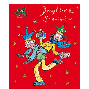 This Christmas card for a special daughter and son in law is decorated with an illustration by Quentin Blake showing a man carrying a woman on his shoulders - both are wearing party hats.