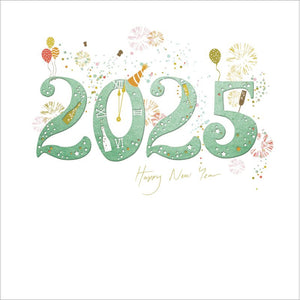 This happy new year card is decorated with large green text reading "2025" - surrounded by balloons, champagne and fireworks.