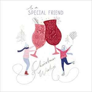 This Christmas card for a special friend is decorated with an illustration of a pair of ice skaters carrying GIANT cocktail glasses. The caption on the front of the card reads "to a Special Friend...Christmas Wishes".