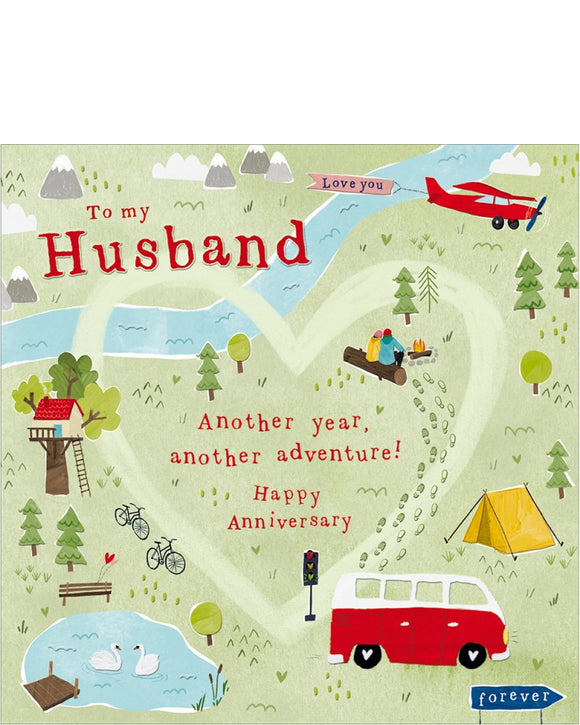 This quirky anniversary card for a special husband features an outdoor scene of countryside adventures. Within a border outline of a large heart are these words in red text 