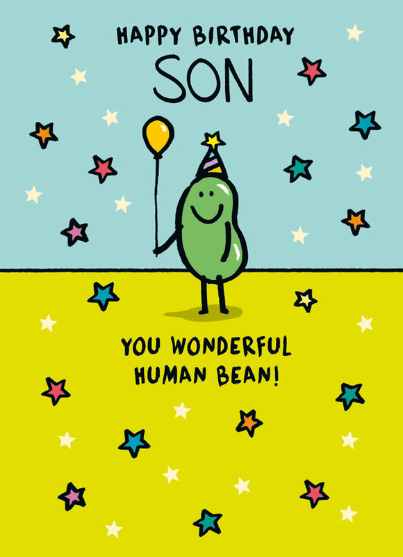 One of the quirky Human Bean greetings card range from Lucilla Lavender. A smiling bean holds a balloon on this birthday card for a special son, surrounded by different coloured stars. The text on the front of the cards reads “Happy birthday SON,...you wonderful human bean.”