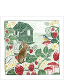 This stunning blank card from Oakpress features linoprint style illustration of a hare sitting amongst strawberry plants and looking at a bird. A garden shed sits in the background. 