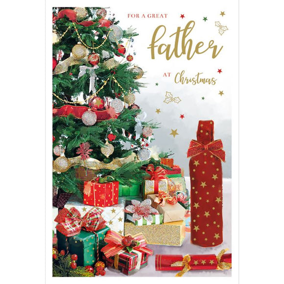 This beautiful Christmas card for a special father is decorated with a realistic illustration of a bottle of wine, wrapped in red and gold wrapping, standing beside a Christmas tree. Red and gold text on the front of the card reads 