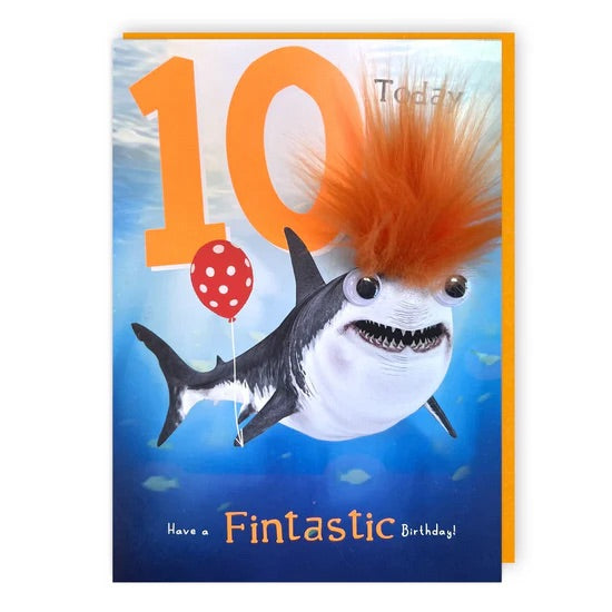 10th, Shark with fluff - Birthday card