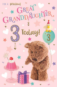 Barley the little brown bear and friend Cluck are all ready for a party on the front of this third birthday card for a special great-granddaughter. The text on the front of the card reads "For a precious Great Granddaughter 3 today".