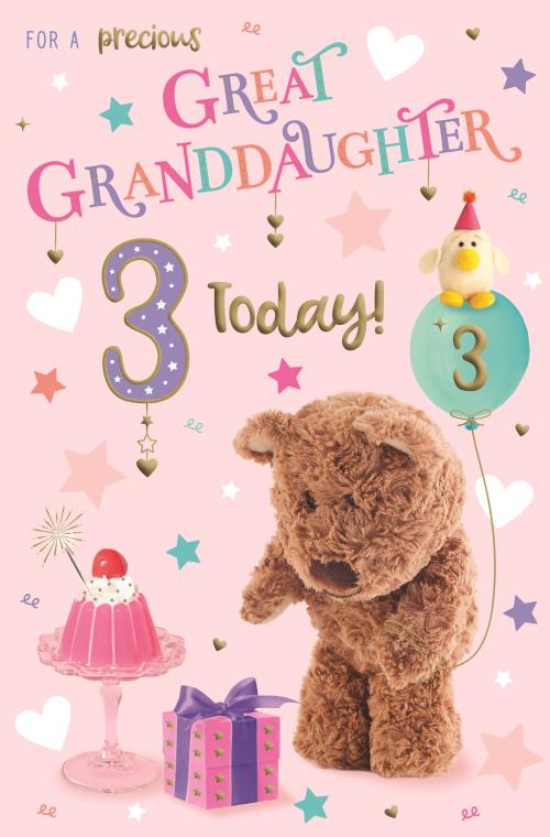 Barley the little brown bear and friend Cluck are all ready for a party on the front of this third birthday card for a special great-granddaughter. The text on the front of the card reads 