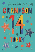 Bright and jazzy text based card in orange, yellow and blues against a green background. The text on the front of this 14th birthday card reads "To a wonderful Grandson  14 Today." Even the inside is decorated with jazzy stars and trimmings.