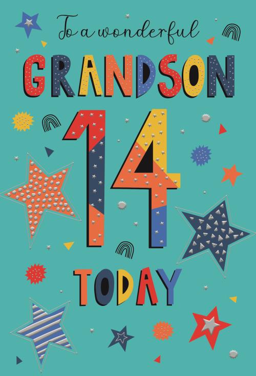 Bright and jazzy text based card in orange, yellow and blues against a green background. The text on the front of this 14th birthday card reads "To a wonderful Grandson  14 Today." Even the inside is decorated with jazzy stars and trimmings.