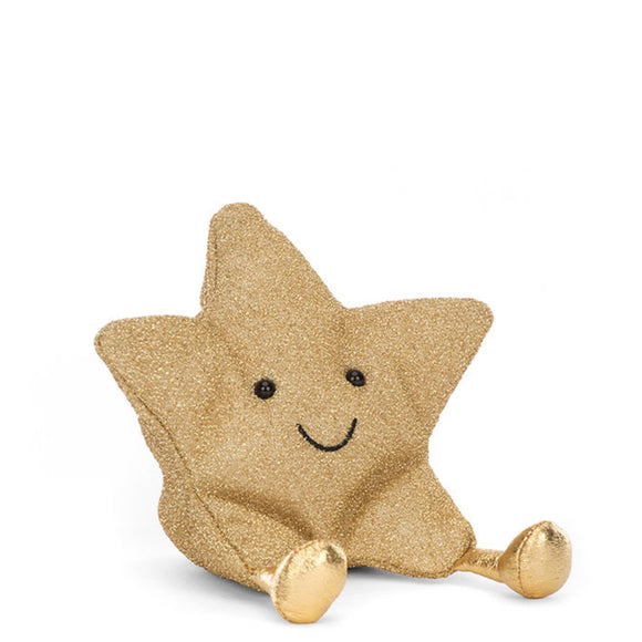 Someone's scrambled down from the tree to say a sparkly hello! Jellycats' amuseable star is a dizzy dreamer who loves to waggle those shiny gold boots! With gorgeous glimmering old-gold fur, a beany bottom and huggable arms, this scrumptious star does one cosmic jive!