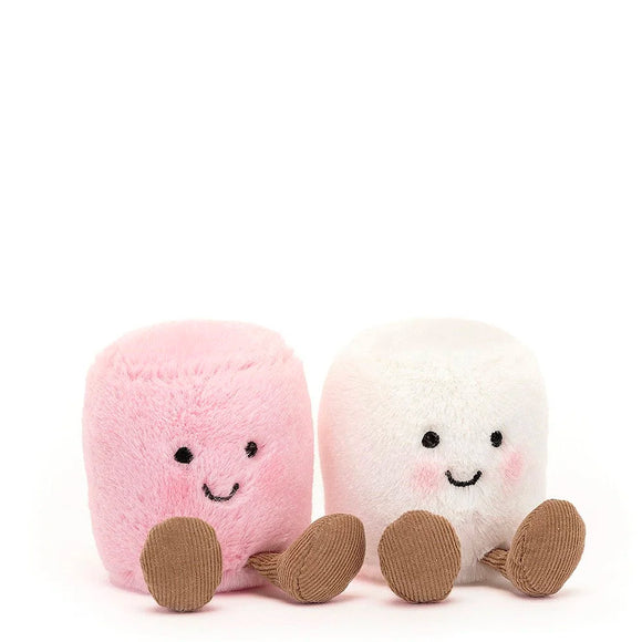 Jellycat pair of cute pink and white marshmallows - joined by a tiny pink ribbon. Each mallow has brown cord boots, pink blushing cheeks and an embroidered face