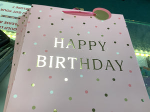 Happy Birthday, pink with dots- XL gift bag